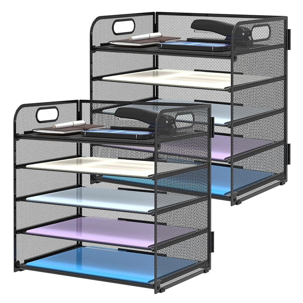 2 Pack 5-Tier Desk Organizer with Handle Mesh Desk File/Paper Organizer Letter Tray for Office, School and Home Easy Installation,Black