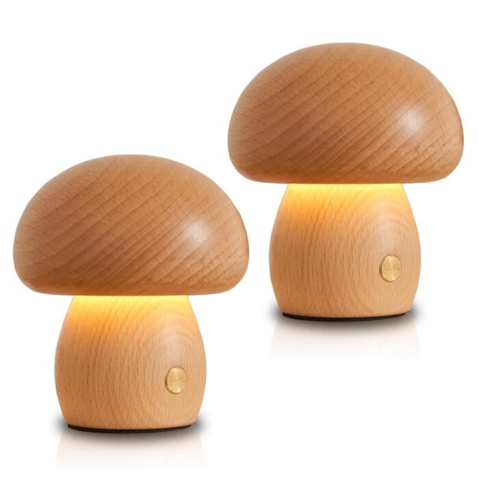2 Pack Wooden Mushroom Lamp, Portable Cordless Small Lamp, Rechargeable Battery Operated Lamp,Stepless Dimming, Night Light for Birthday Gifts