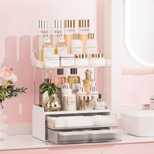 2-Tier 2-Drawer Bathroom Counter Organizer, Elegant Makeup Organizer, Ideal for Present, Easy to Install, Suitable as Bathroom Organizers and Storage, Vanity and Countertop...