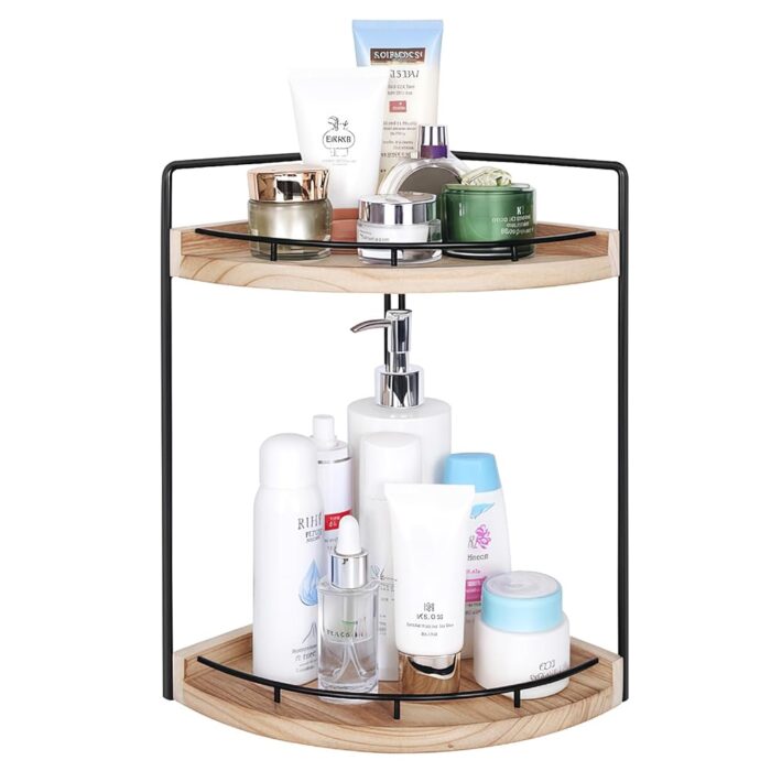 2-Tier Bathroom Counter Organizer,Vanity Counter Corner Shelf, Skincare, Wood Countertop Bathroom Storage and Organization for Kitchen (Brown)