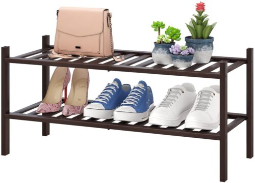 2-Tier Shoe Rack for Entryway, Bamboo Shoe Rack for Closet, Free Standing Shoe Racks for Indoor Outdoor, Stackable Shoe Shelf Storage Organizer for Hallway Closet