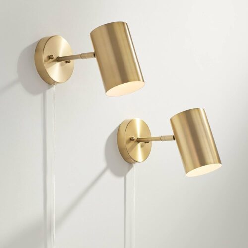 360 Lighting Carla Modern Wall Lamps Set of 2 Polished Brass Plug-in 5" Fixture Adjustable Cylinder Metal Shade for Bedroom Bedside House Reading Living Room Home Hallway Dining...