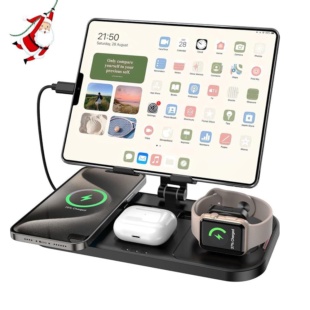4 in 1 Charging Station,for ipad Charging Station,Wireless Charger for Apple,Charging Station Multiple Devices for Apple -iPhone 16 15 14 13- Watch 8 7 6 5- Airpods 3 2…