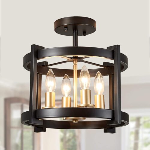 4-Light Semi Ceiling Light Flush Mount BK+GD Farmhouse Rustic Vintage Antique Ceiling Light Fixture for Hallway Entryway Gazebo Kitchen Dining Room Bedroom UL Listed