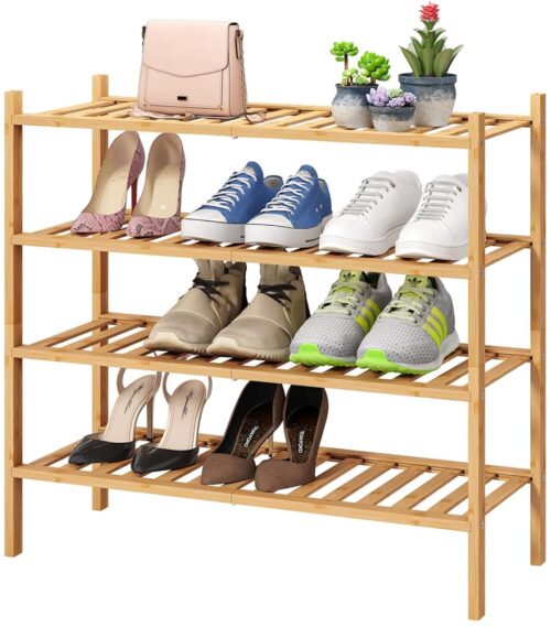 4-Tier Bamboo Shoe Rack for Entryway, Stackable | Foldable | Natural, Shoe Organizer for Hallway Closet, Free Standing Shoe Racks for Indoor Outdoor