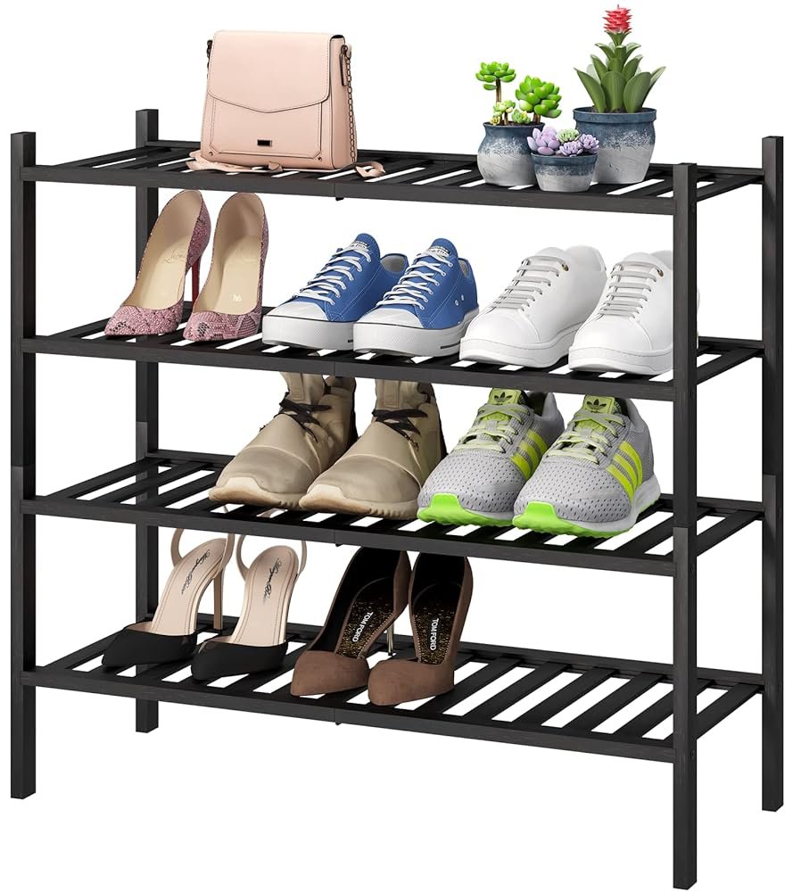4-Tier Black Bamboo Shoe Rack for Entryway, Stackable | Foldable | Natural, Shoe Organizer for Hallway Closet, Free Standing Shoe Racks for Indoor Outdoor