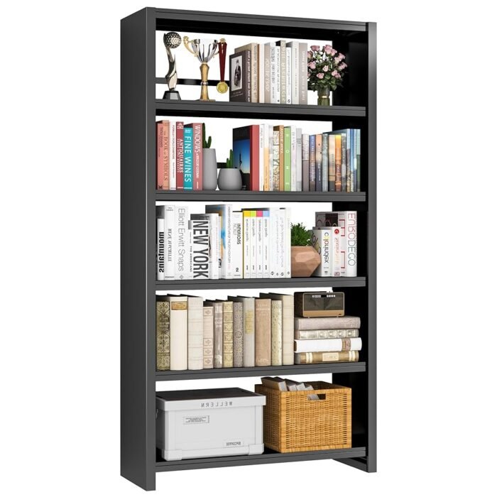 5 Tier Book Shelf, Metal Bookshelf, 69.3” Tall Black Bookcase, Free-Standing Industrial Bookshelves, Tools-Free Assembly Book Storage Organizer for Bedroom, Living Room, Office...