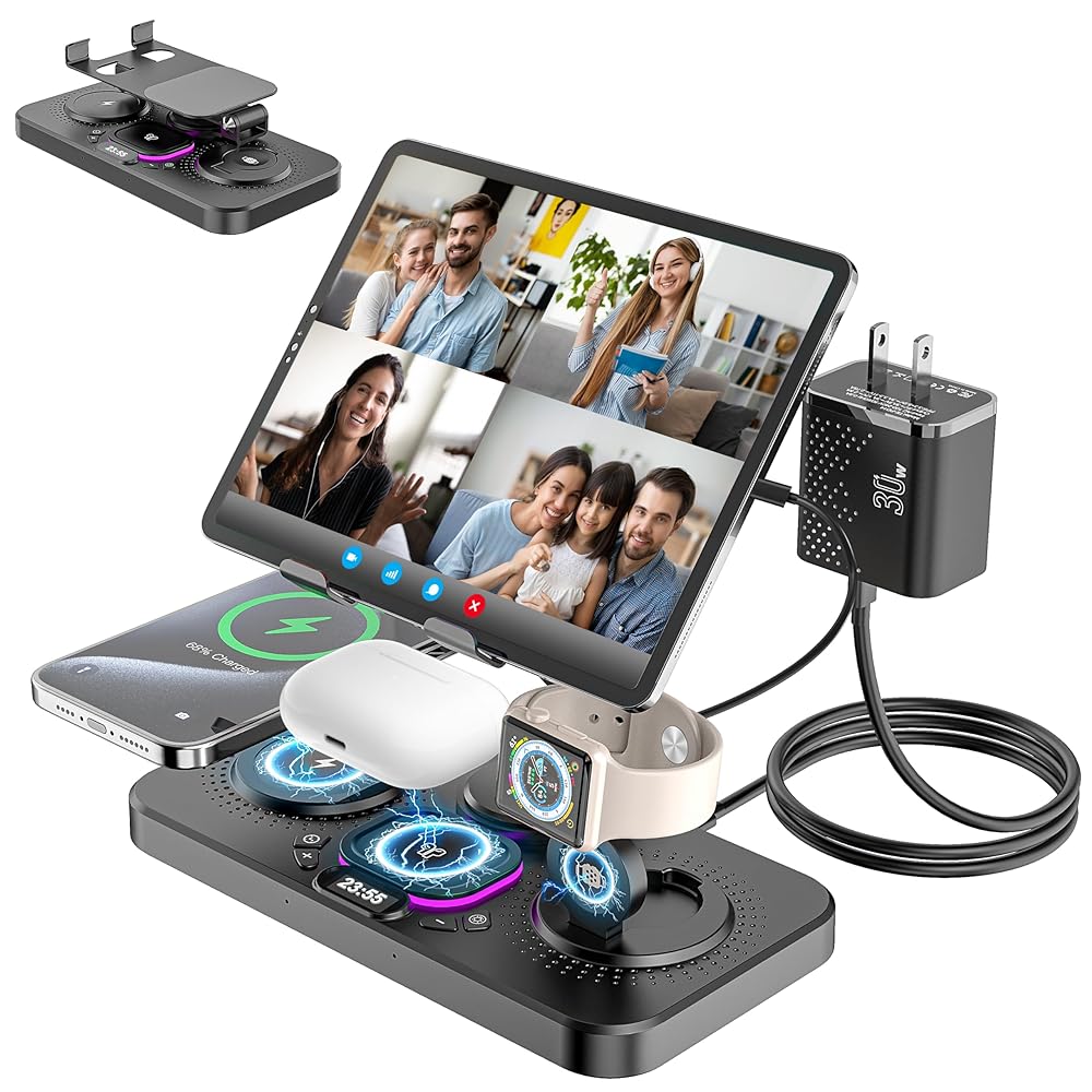 6 in 1 Wireless Charging Station, 30W Wireless Charger with Clock & 7-Color Night Light, Charging Stand Dock for iPhone 16/15/14/13/12/Pro/Max/XR/Samsung Galaxy,for AirPods iPad…