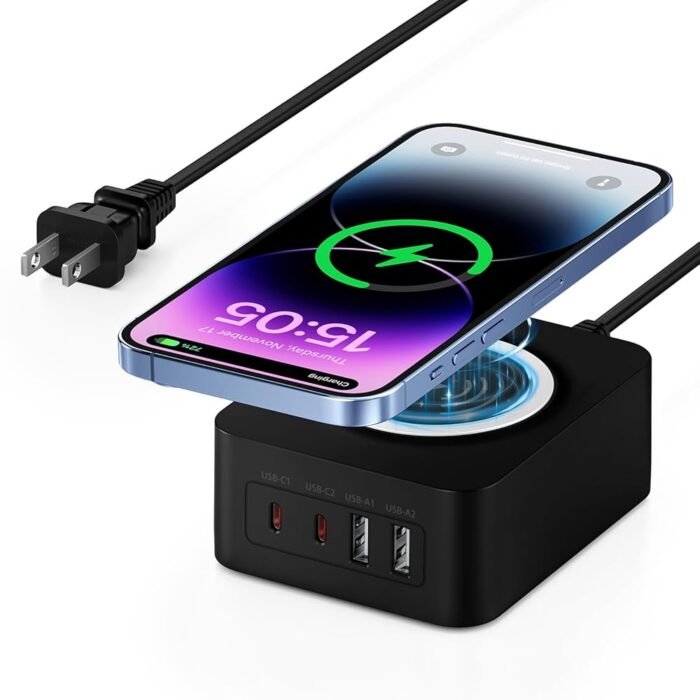60W USB Charging Station with 15W Wireless Charger, 2 USB A and 2 USB C Multiple Port Desktop Charger Quick Charge Block for Samsung A15 A55 A35 S24 A14 A54 iPhone iPad MacBook...
