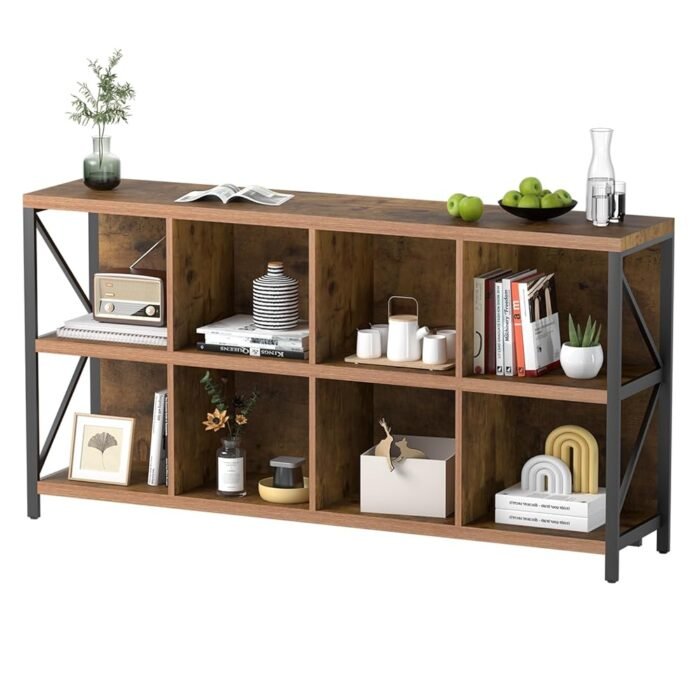 8 Cube Storage Organizer, Industrial Low Horizontal Bookshelf, Wood Wide Cubby Bookcase with Metal Legs for Home Office, Living Room, Bedroom (Rustic Brown, 63 Inch)