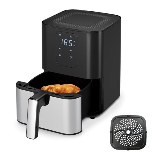 Air Fryer Oven 4.5QT, Space Saving, 1 Touch Digital Display, Compact, Non-stick And Dishwasher Safe Basket, Black & Stainless Steel,Update