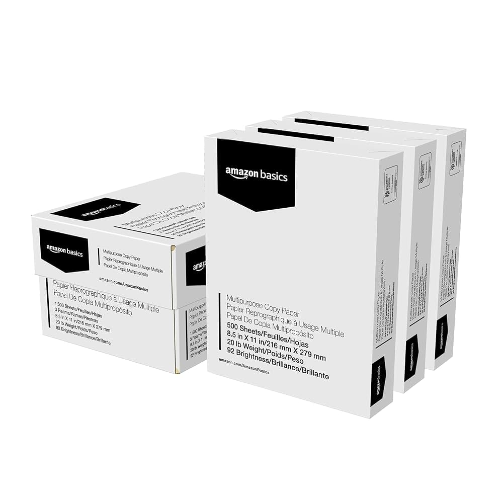 Amazon Basics Multipurpose Copy Printer Paper, 8.5" x 11", 20 lb, 3 Reams, 1500 Sheets, 92 Bright, White