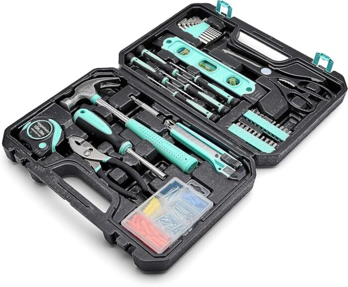 Amazon Basics Sturdy 142 Piece Household Tool Kit With Storage Case, Turquoise, 13.39 x 9.25 x 2.95 inch