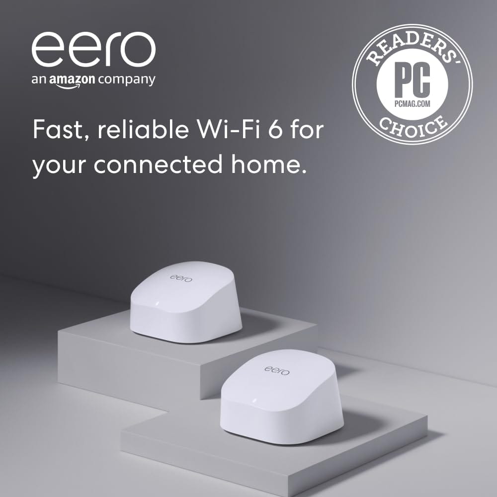 Amazon eero 6 mesh wifi system – Supports speeds up to 500 Mbps, Connect to Alexa, Coverage up to 3,000 sq. ft., 2-pack, one router + one extender