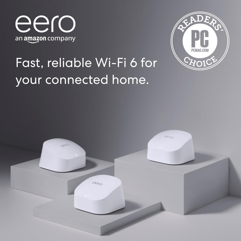 Amazon eero 6 mesh wifi system – Supports speeds up to 500 Mbps, Connect to Alexa, Coverage up to 4,500 sq. ft., 3-pack, one router + two extenders