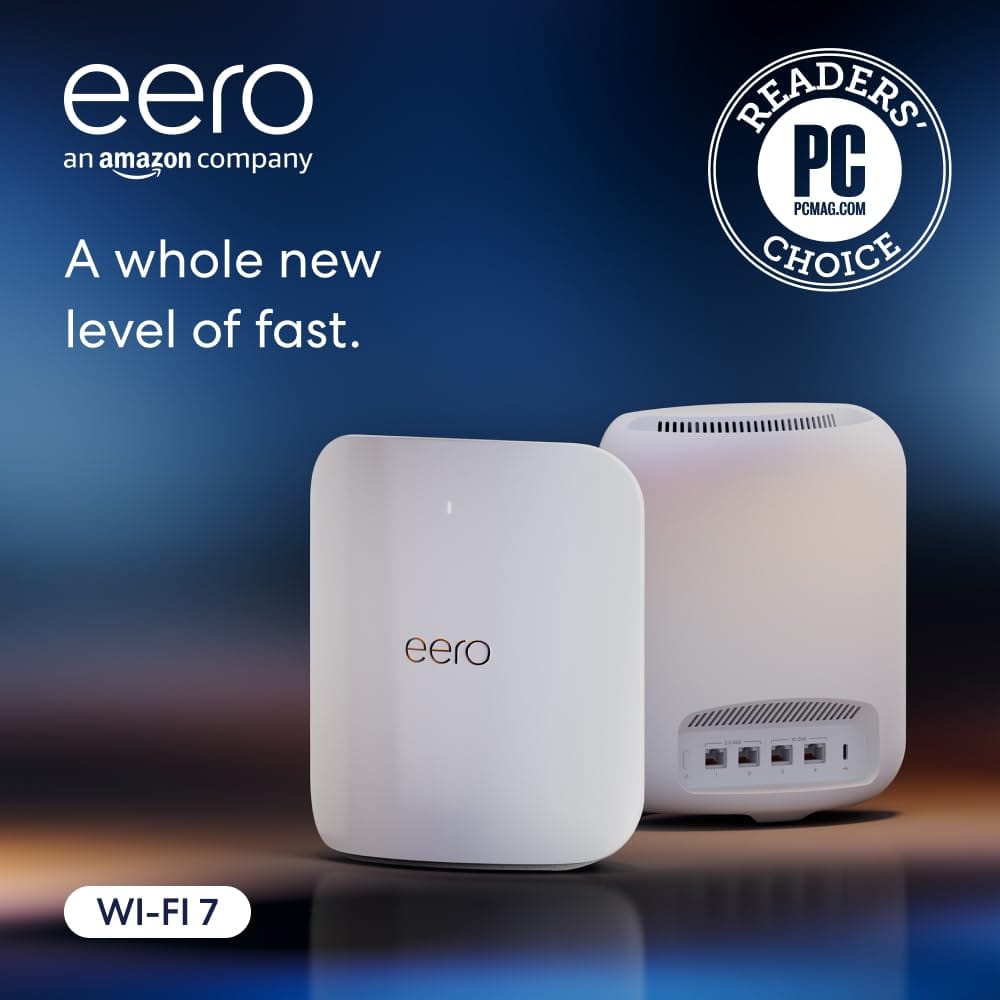 Amazon eero Max 7 mesh wifi router (newest model) – Wireless speeds up to 4.3 Gbps, Coverage up to 5,000 sq. ft., Connect 200+ devices, 2-pack