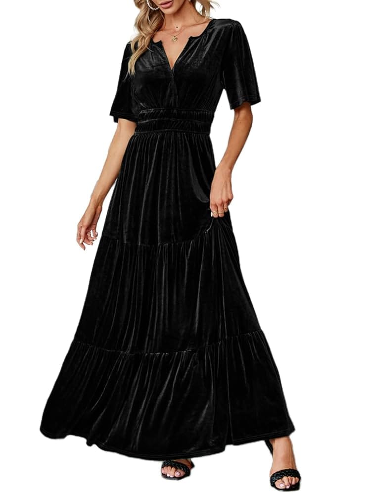 Amegoya Women’s Velvet Short Sleeve V Neck Formal Wedding Guest Maxi Dresses Fall Evening Party Long Dresses