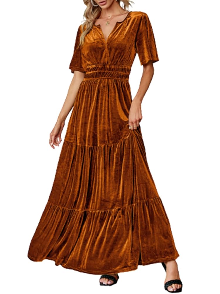 Amegoya Women’s Velvet Short Sleeve V Neck Formal Wedding Guest Maxi Dresses Fall Evening Party Long Dresses
