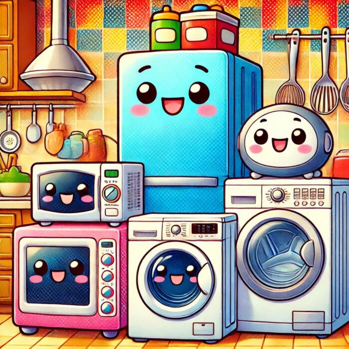 anime style image of home appliances happy together