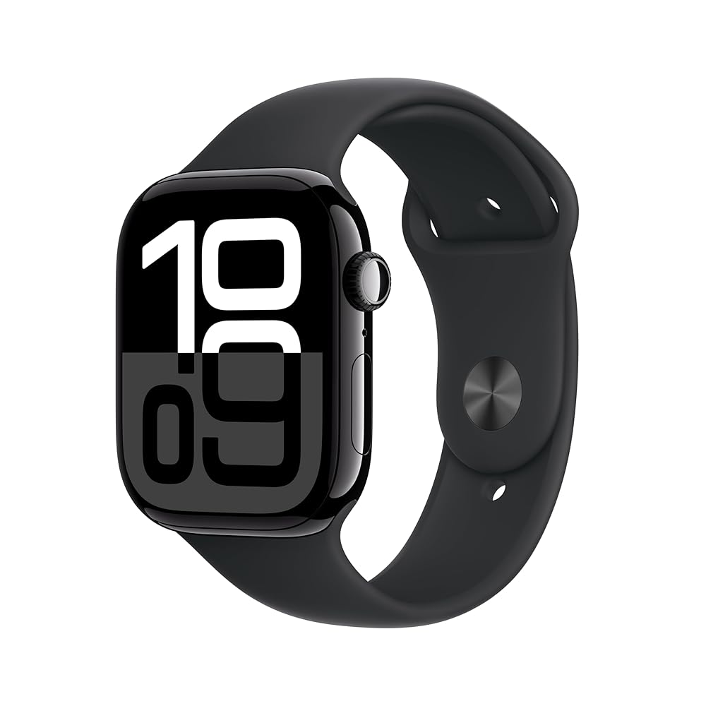 Apple Watch Series 10 [GPS 46mm case] Smartwatch with Jet Black Aluminium Case with Black Sport Band – M/L. Fitness Tracker, ECG App, Always-On Retina Display, Water Resistant