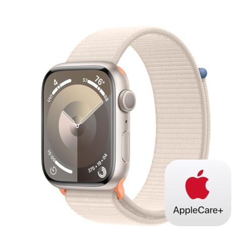 Apple Watch Series 9 [GPS 45mm] Smartwatch with Starlight Aluminum Case with Starlight Sport Loop One Size. with AppleCare+ (2 Years)