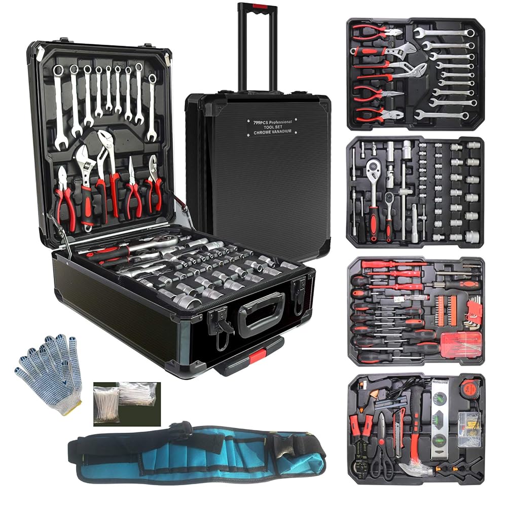 Arcwares 799pcs Aluminum Trolley Case Tool Set Silver, House Repair Kit Set, Household Hand Tool Set, with Tool Belt,Gift on Father’s Day (Black)