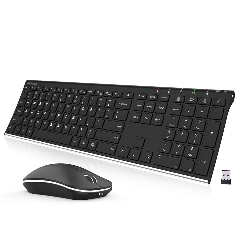 Arteck 2.4G Wireless Keyboard and Mouse Combo Stainless Steel Ultra Slim Full Size Keyboard and Ergonomic Mice for Computer Desktop PC Laptop and Windows 11/10/8 Build in…