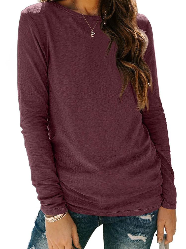 AUTOMET Womens Long Sleeve Round Neck Shirts Basic Tee Fall Tops Outfits Clothes 2024