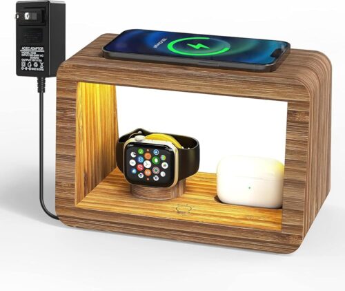 Bamboo Charging Station for Multiple Devices, 15W Fast Wireless Charger Night Light with 3 Color & 4 Adjustable Brightness, Night Stand Charger Station for iPhone/iWatch/AirPods...