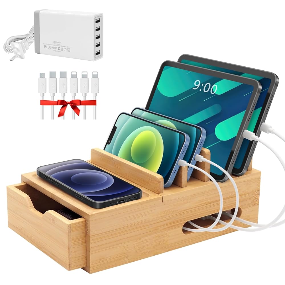 Bamboo Charging Station for Multiple Devices, Desktop Charger Organizer with Drawer & Tray, Wood Docking Station for Smart Devices, Cell Phone, Tablet (Include 6 Cables, 5 Port…