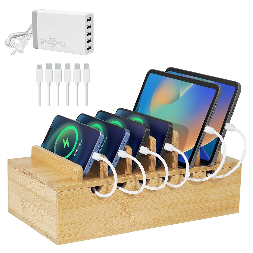 Bamboo Charging Station for Multiple Devices (Includes 5 Port USB Charger, 6 x Charge Cables), Upgrade Desk Docking Stations Organizer for iPhone Devices, Tablets, Laptop Holder…