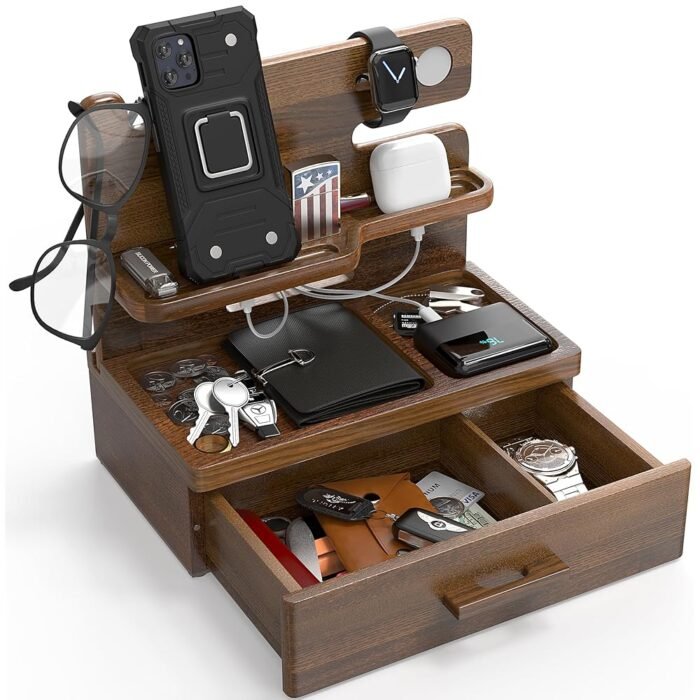 BARVA Gifts for Men Dad Birthday Ideas Wood Docking Station with Drawer Phone Nightstand Organizer Table Charging Dock Watch Charging Stand Wallet Gadget Device Bedside Holder...