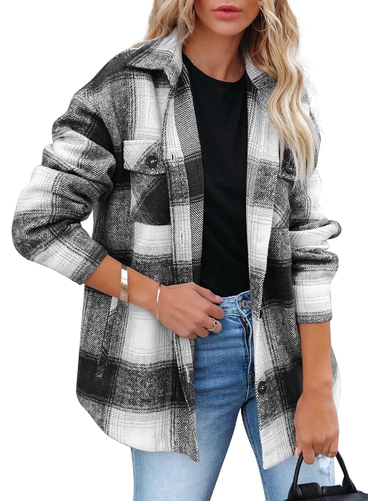 Beaully Women’s Flannel Plaid Shacket Long Sleeve Button Down Shirts Jacket Coats with Side Pockets