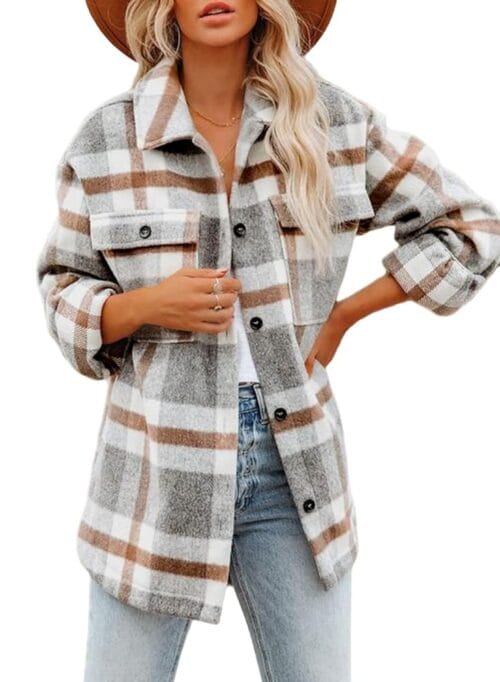 Beaully Women's Flannel Plaid Shacket Long Sleeve Button Down Shirts Jacket Coats with Side Pockets