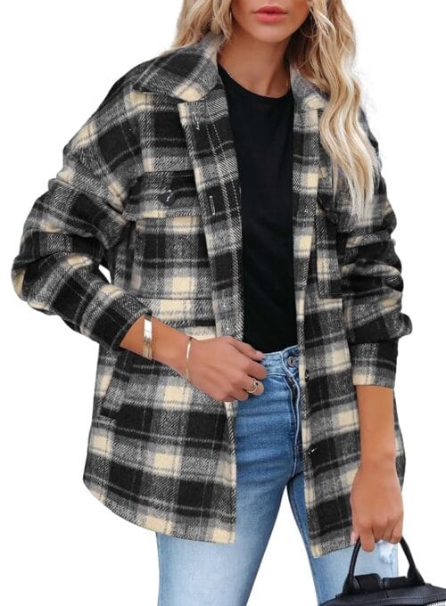 Beaully Women's Flannel Plaid Shacket Long Sleeve Button Down Shirts Jacket Coats with Side Pockets