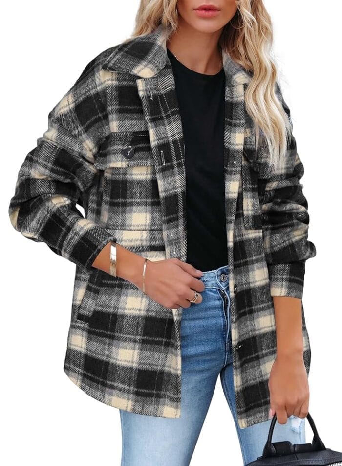 Beaully Women's Flannel Plaid Shacket Long Sleeve Button Down Shirts Jacket Coats with Side Pockets