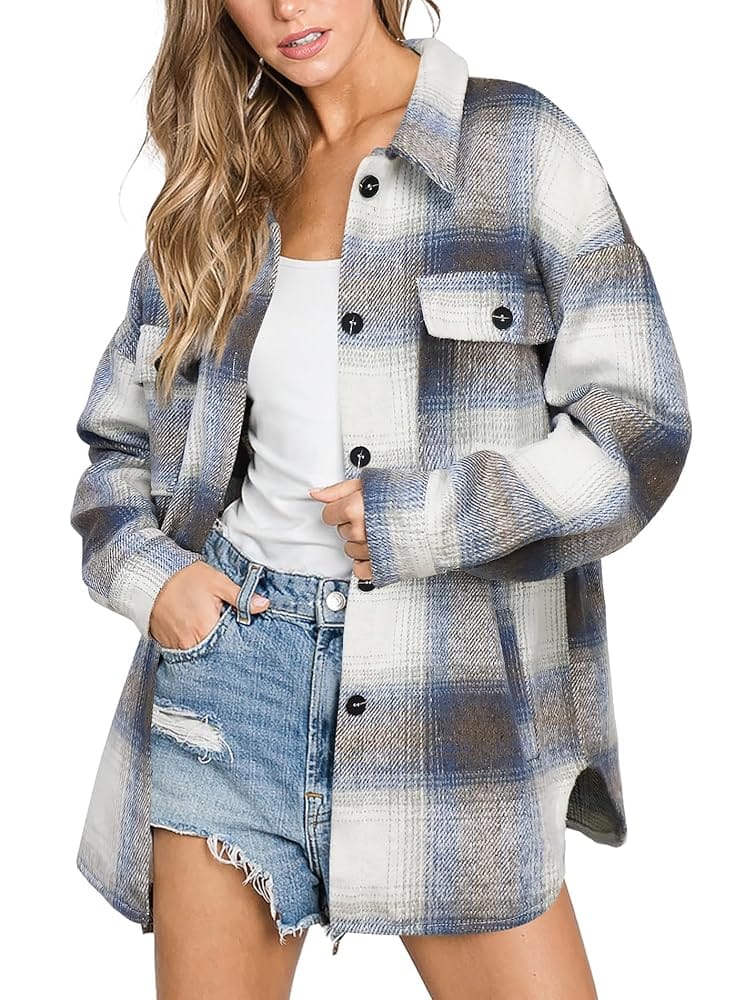 Beaully Women’s Flannel Plaid Shacket Long Sleeve Button Down Shirts Jacket Coats with Side Pockets