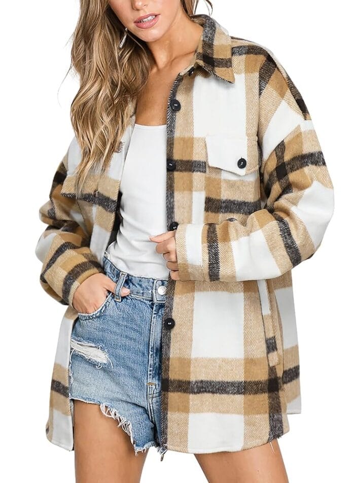 Beaully Women's Flannel Plaid Shacket Long Sleeve Button Down Shirts Jacket Coats with Side Pockets