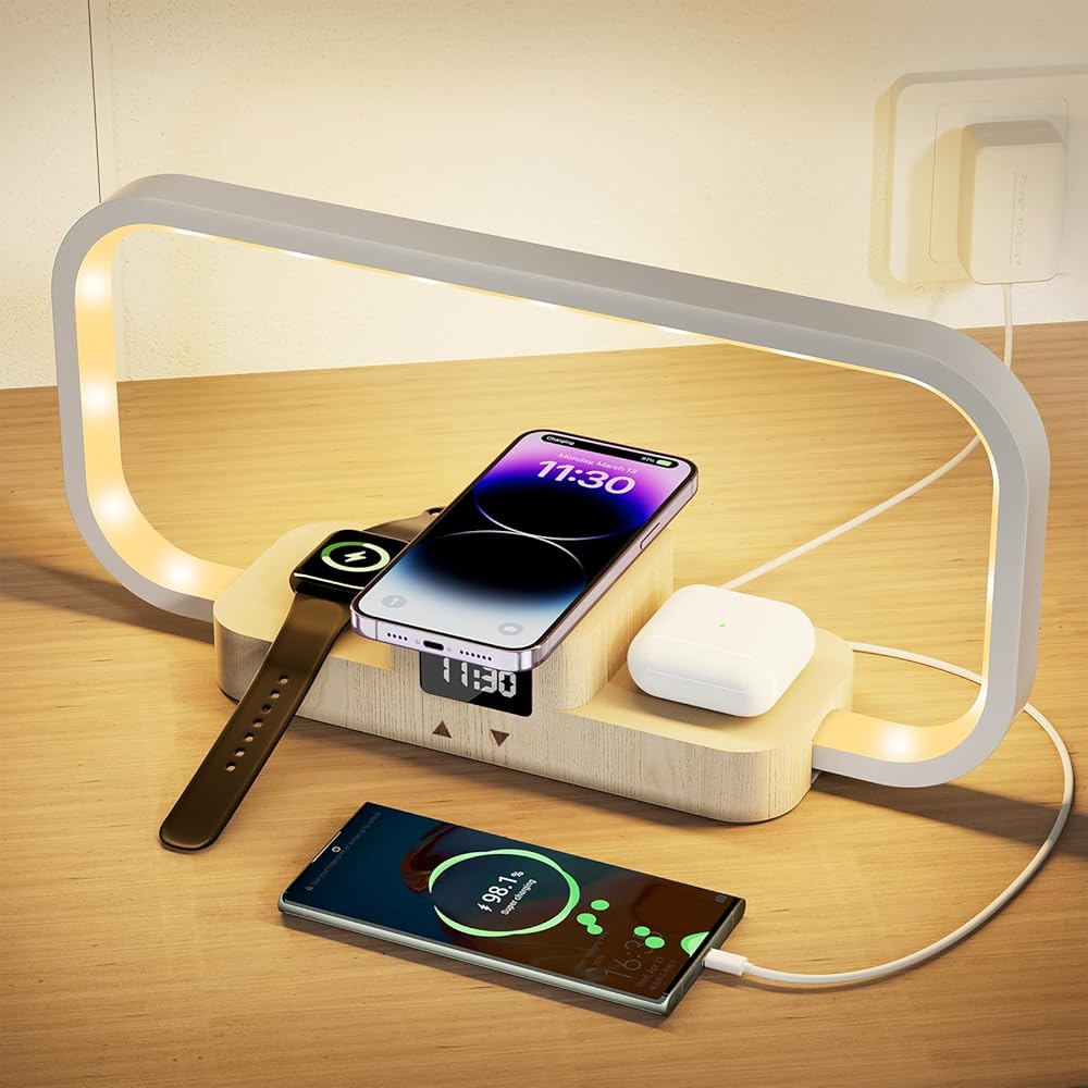 Bedside Lamp with Wireless Charger, Dimming 5 Color Mode Touch Control Table Lamp with Clock,Nightstand Lamp with Charging Station for iPhone Series/AirPods/iWatch(Adapter…