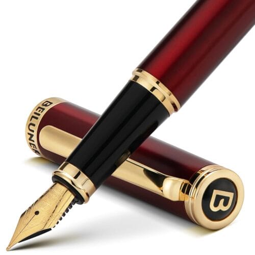 BEILUNER Red Fountain Pen,Stunning Luxury Pen,24K Gilded Nib(Medium),Gorgeous 24K Gold Finish,German Schneider Ink Converter,Trustworthy Pen Gift for...