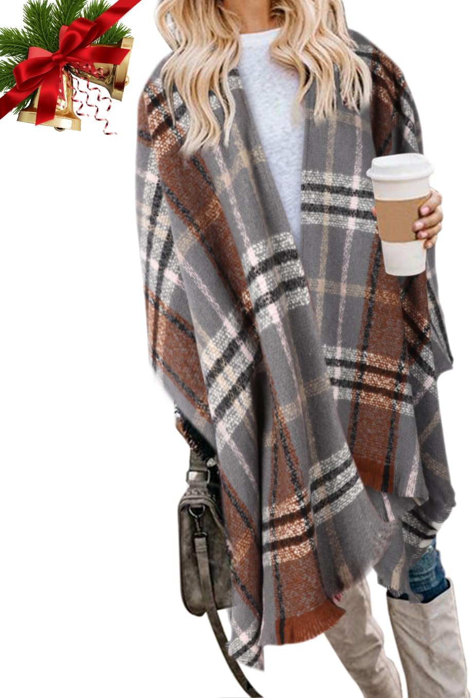 Bestshe Women’s Boho Open Front Poncho Knitted Plaid Shawl Wrap Cape Tassel Cardigan Sweater