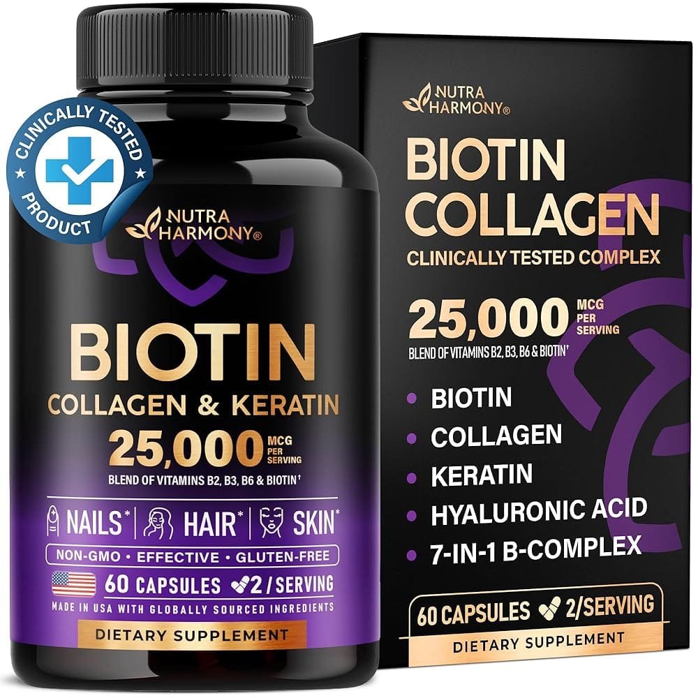 Biotin | Collagen | Keratin – Clinically Tested Supplement – Hair Growth Support – Skin & Nails Complex 25000 mcg – Hyaluronic Acid | B2 | B3 | B6 | B7 – Made in USA – For Women…