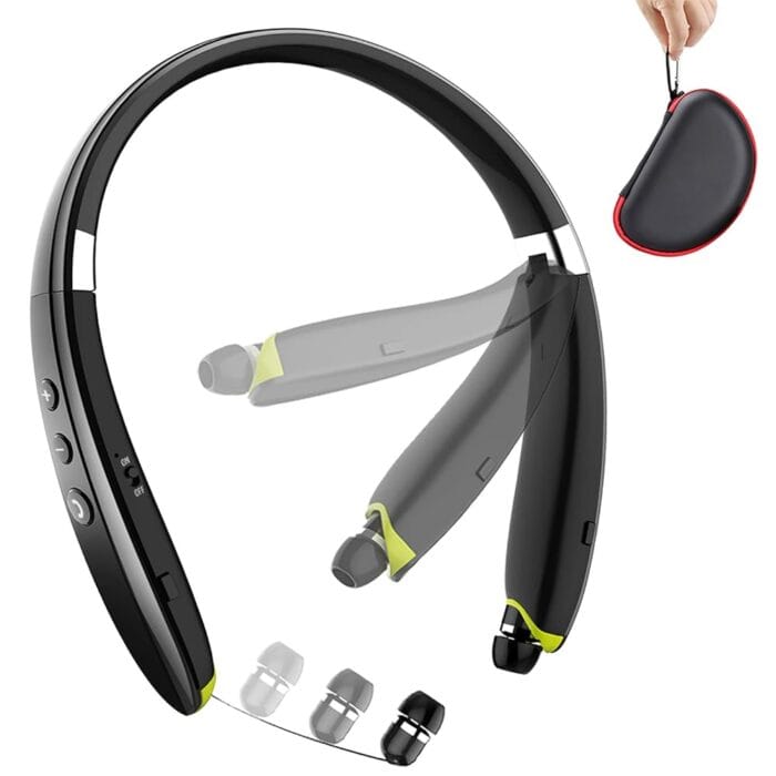 Bluetooth Headphones, Upgraded Foldable Wireless Neckband Headset with Retractable Earbuds, Noise Cancelling Stereo Earphones with Mic for Workout, Running, Driving (with Carry...