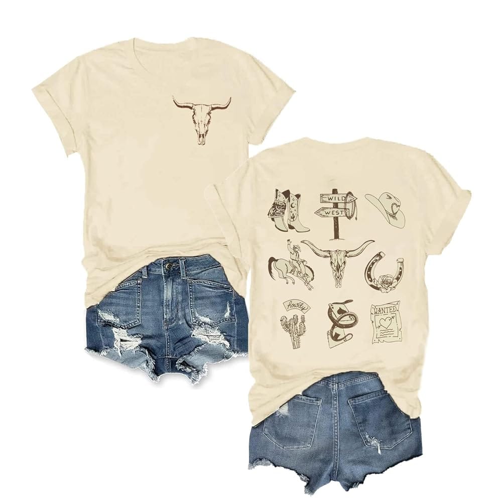 Boho Cow Skull Shirt Women Cowgirl t Shirt Vintage Western Rodeo Graphic Tee Short Sleeve Bull Skull Casual Top
