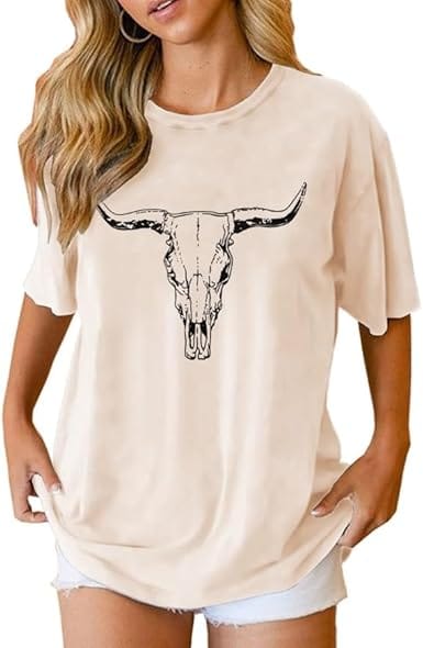 Boho Cow Skull Shirt Women Cowgirl t Shirt Vintage Western Rodeo Graphic Tee Short Sleeve Bull Skull Casual Top
