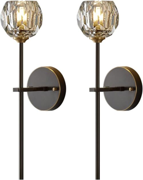 BOKT Mid Century Matte Black Crystal Wall Sconce Lighting Set of 2 Modern Long Metal Wall Light Set of Two 1-Light Clear Glass Wall Lamp Retro Industrial Crystal Bathroom Vanity...