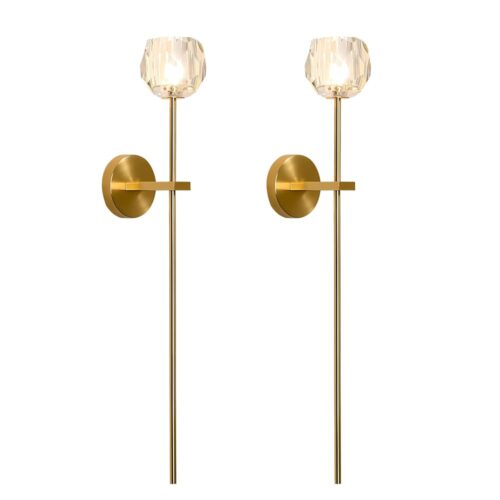 BOKT Mid Century Modern Gold Crystal Wall Sconce Set of Two Brushed Brass Gold Long Wall Sconce Lighting Set of 2 Vintage Clear Glass Hard-Wired Wall Lamp for Bedroom Bedside...
