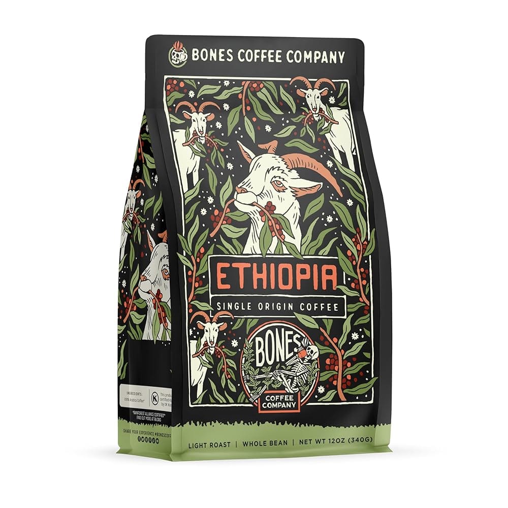 Bones Coffee Company Ethiopia Single-Origin Whole Coffee Beans, Low Acid Coffee Made with Arabica Coffee Beans, Light Roast Gourmet Coffee, Coffee Lover Gift Ideas (12 oz)