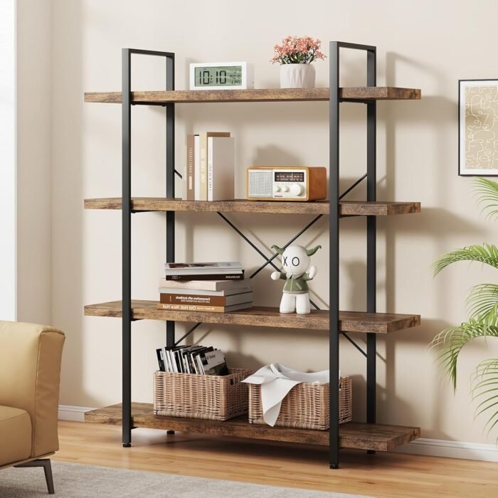 Bookshelf, 4 Tier Book Shelf, Industrial Bookcase for Home and Office, 47" Length Wide Wood Standing Bookshelf Display Open Shelving Rack, Rustic Horizontal Shelves for Living...