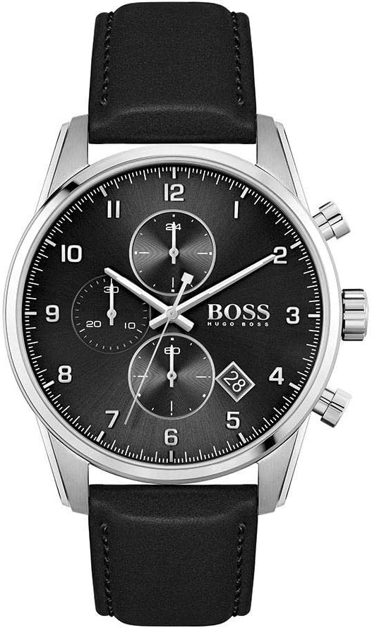BOSS Black Men’s Stainless Steel Quartz Watch with Black Leather Strap, Black, 22